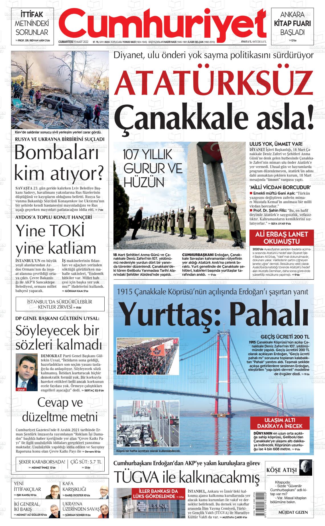 19 Mart 2022 Cumhuriyet Gazete Manşeti