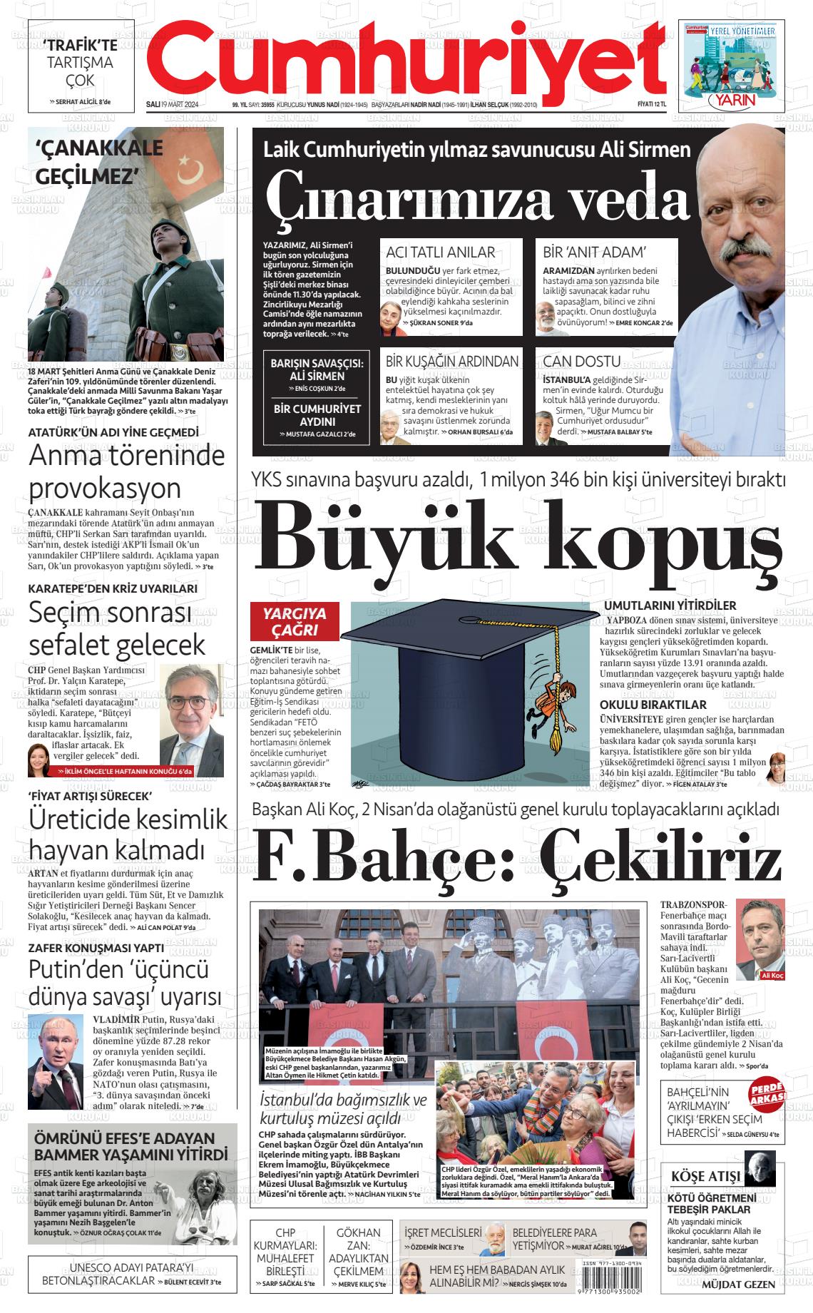 19 Mart 2024 Cumhuriyet Gazete Manşeti