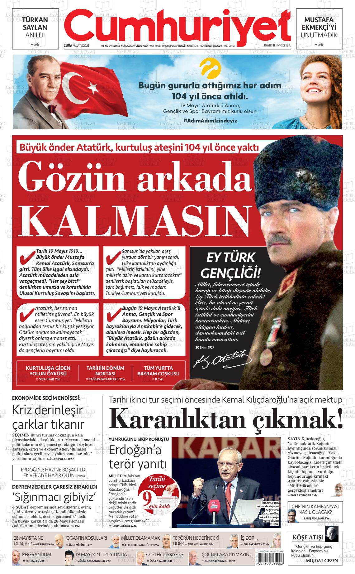 19 Mayıs 2023 Cumhuriyet Gazete Manşeti