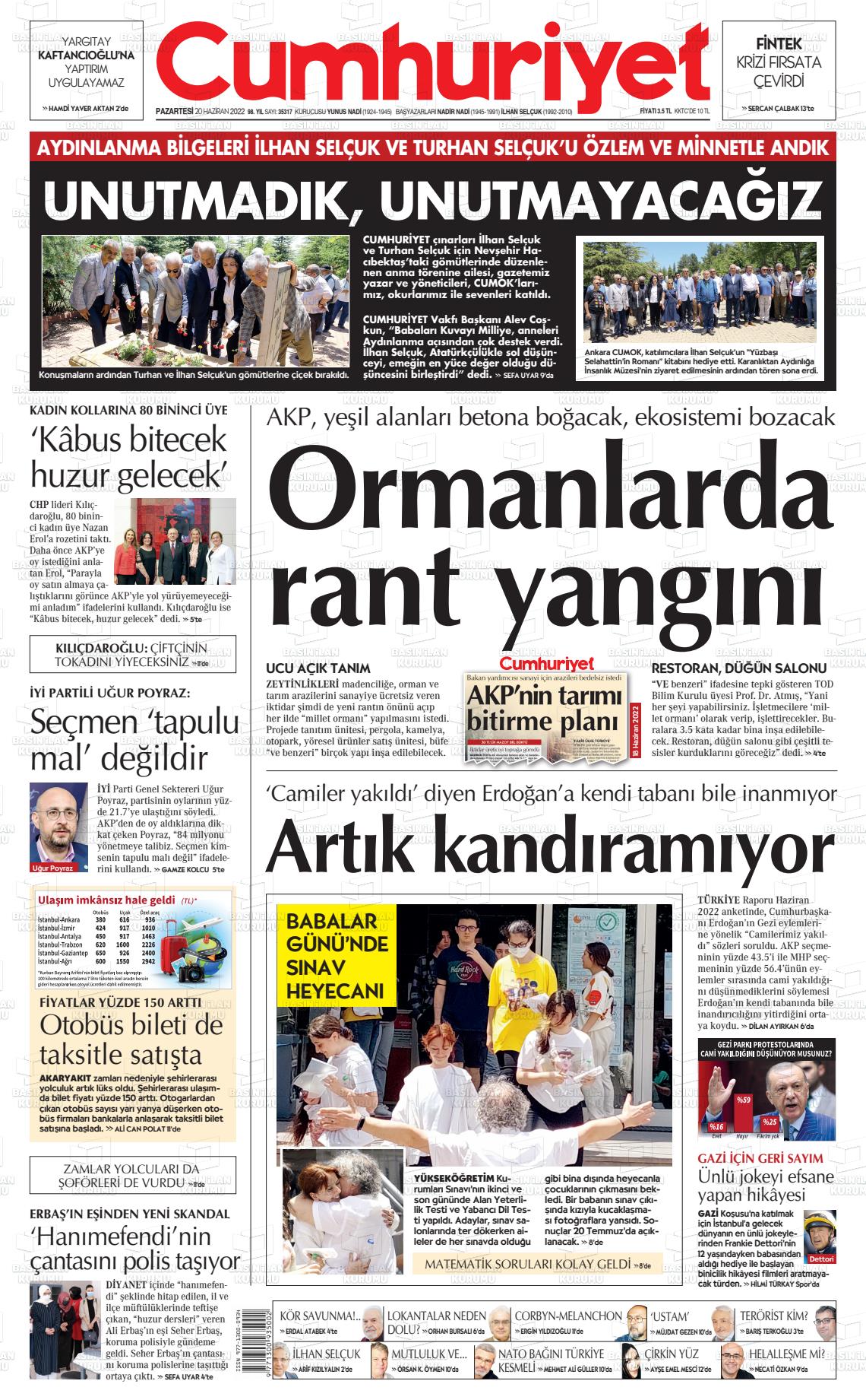 20 Haziran 2022 Cumhuriyet Gazete Manşeti