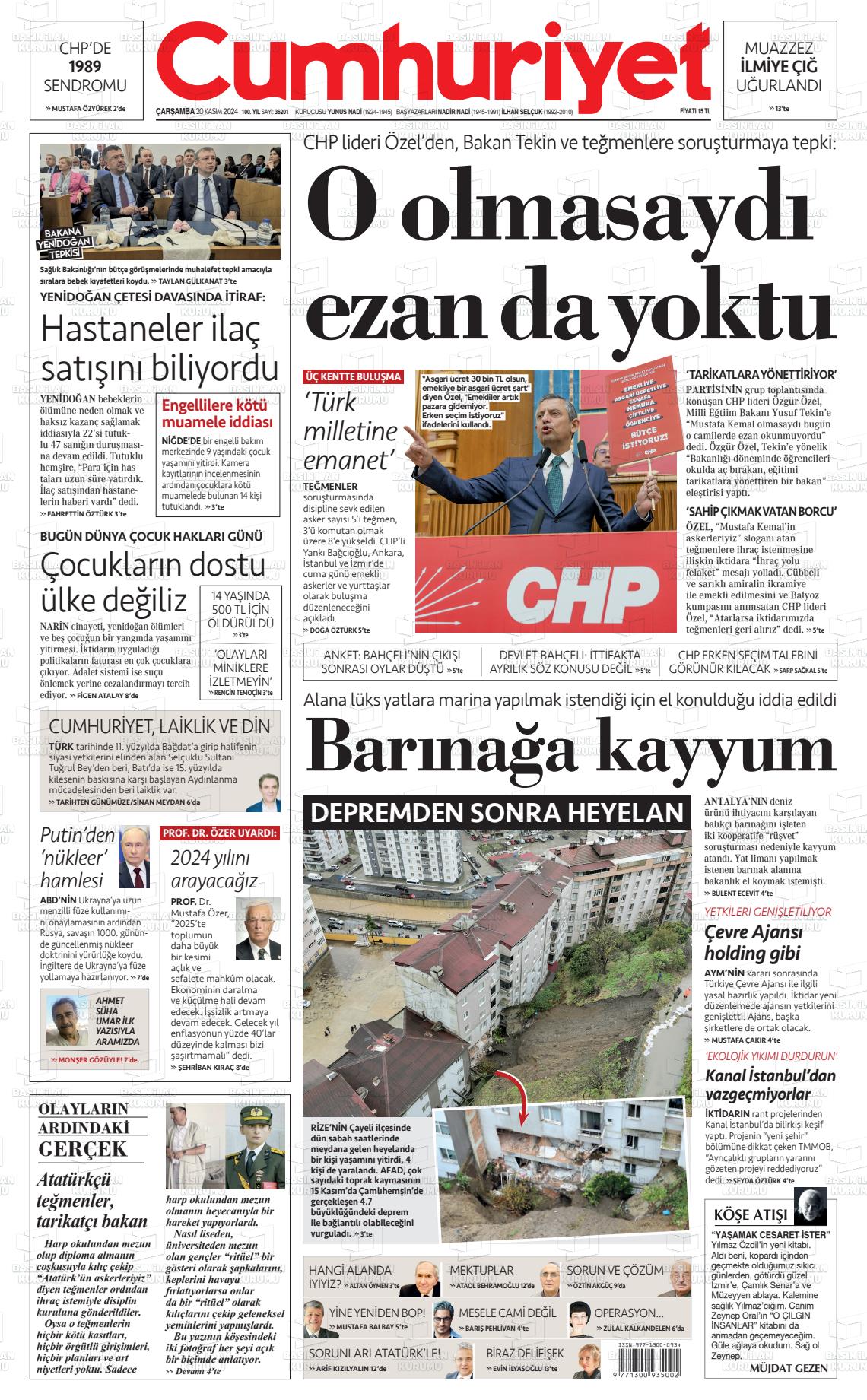 20 Kasım 2024 Cumhuriyet Gazete Manşeti