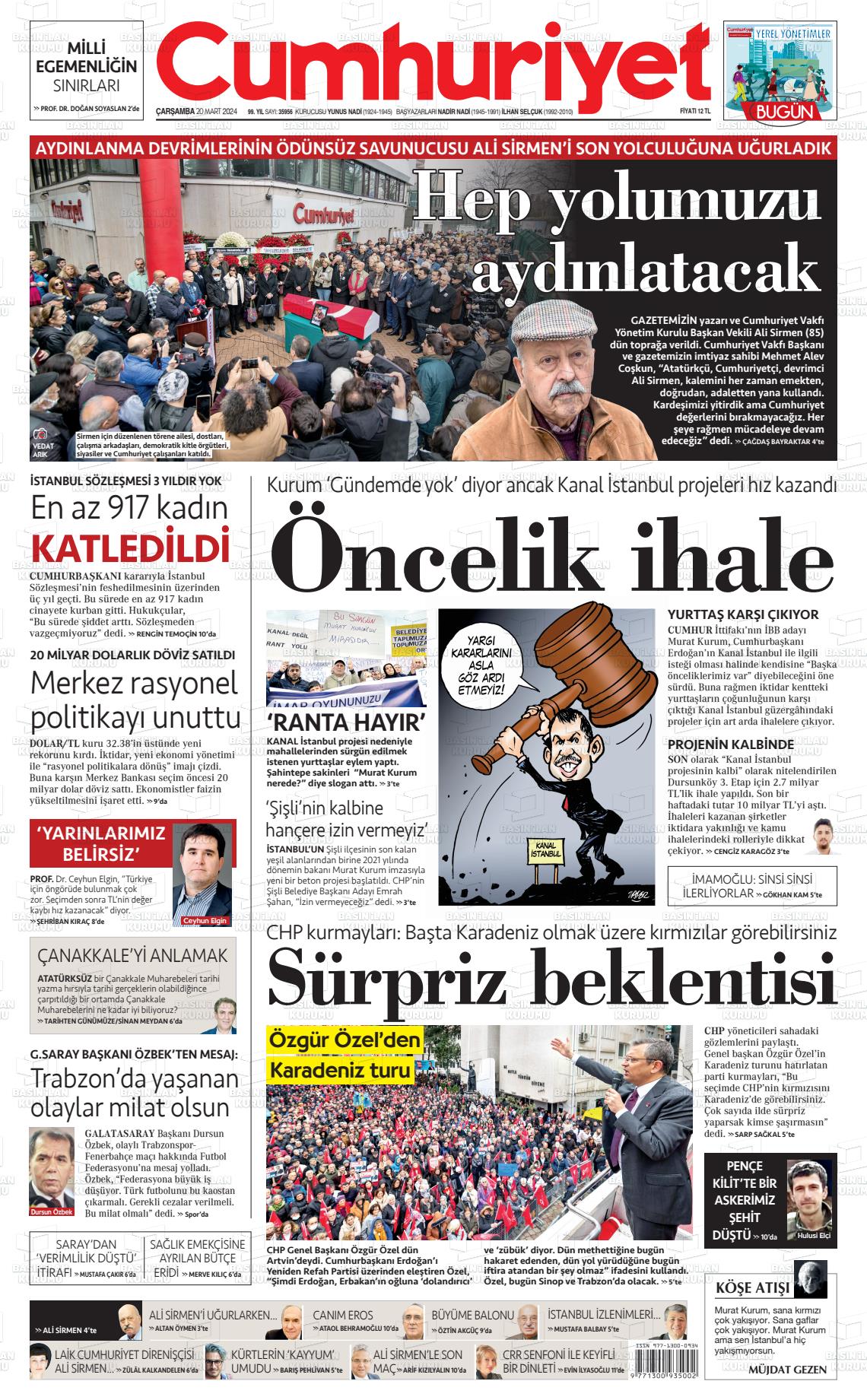 20 Mart 2024 Cumhuriyet Gazete Manşeti