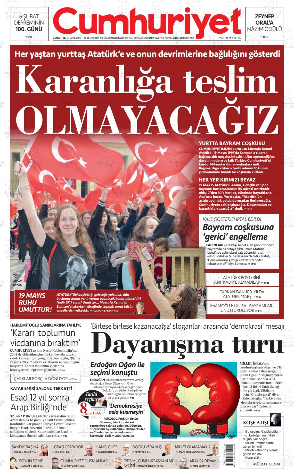 20 Mayıs 2023 Cumhuriyet Gazete Manşeti