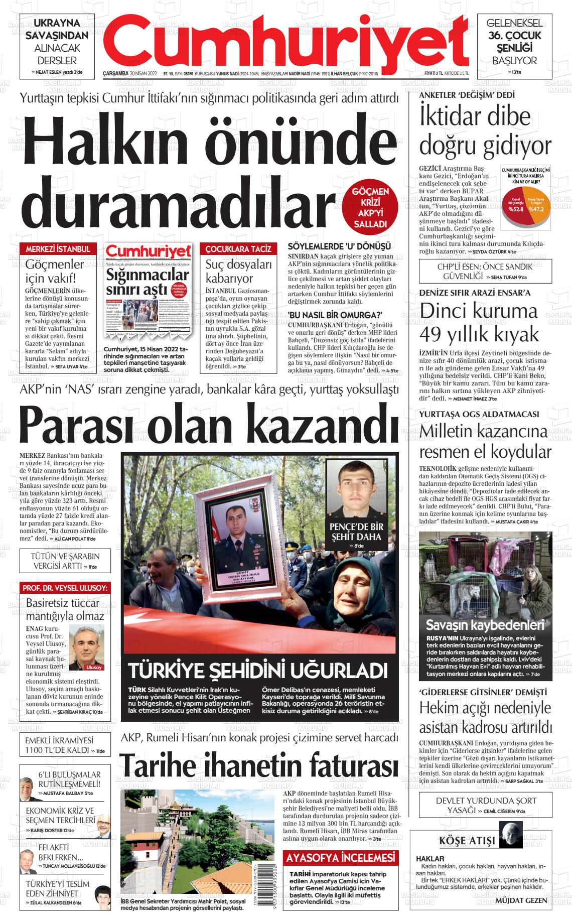 20 Nisan 2022 Cumhuriyet Gazete Manşeti