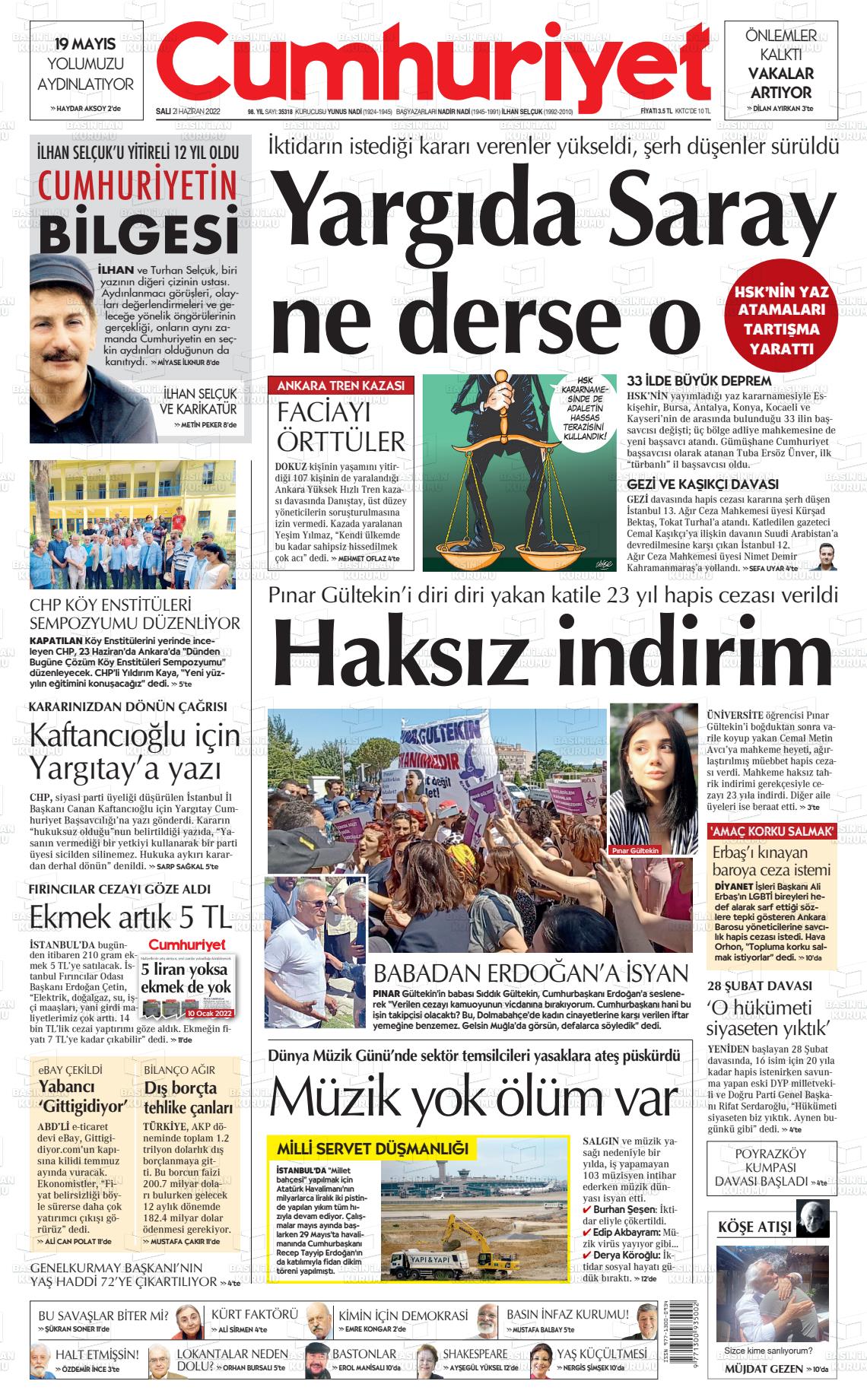 21 Haziran 2022 Cumhuriyet Gazete Manşeti