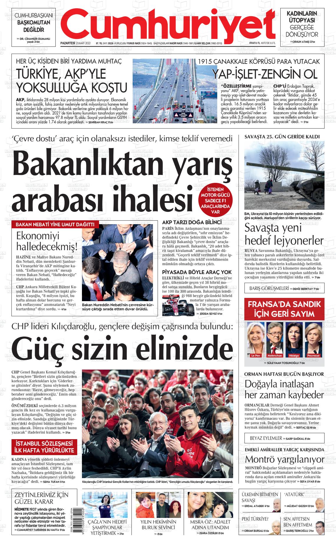 21 Mart 2022 Cumhuriyet Gazete Manşeti