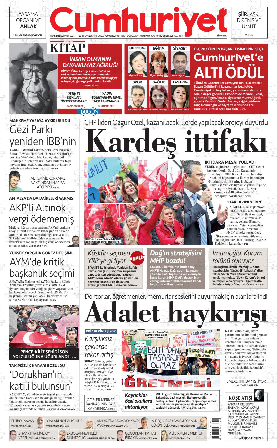 21 Mart 2024 Cumhuriyet Gazete Manşeti