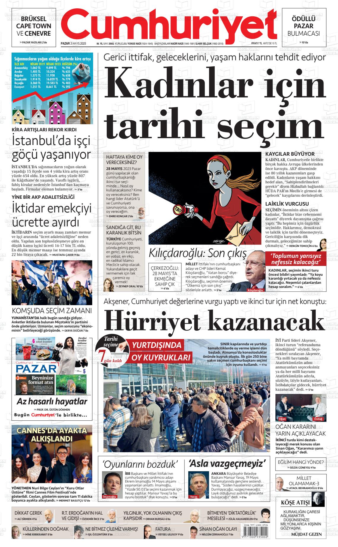 21 Mayıs 2023 Cumhuriyet Gazete Manşeti