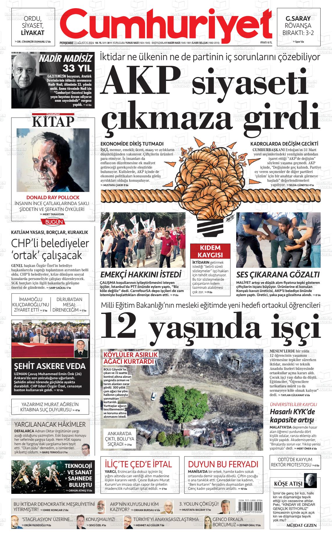 22 Ağustos 2024 Cumhuriyet Gazete Manşeti