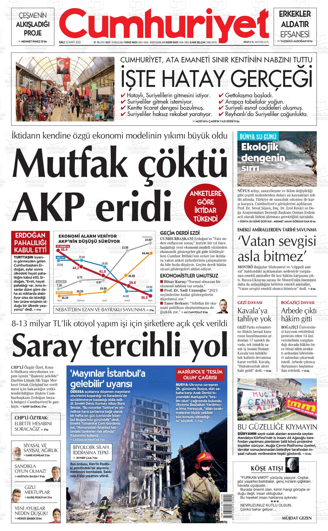 22 Mart 2022 Cumhuriyet Gazete Manşeti