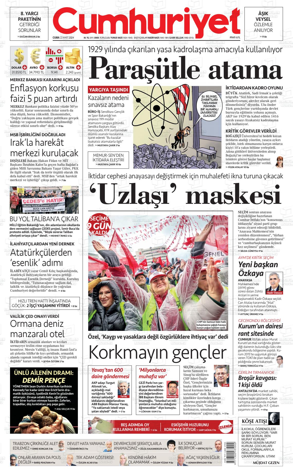 22 Mart 2024 Cumhuriyet Gazete Manşeti