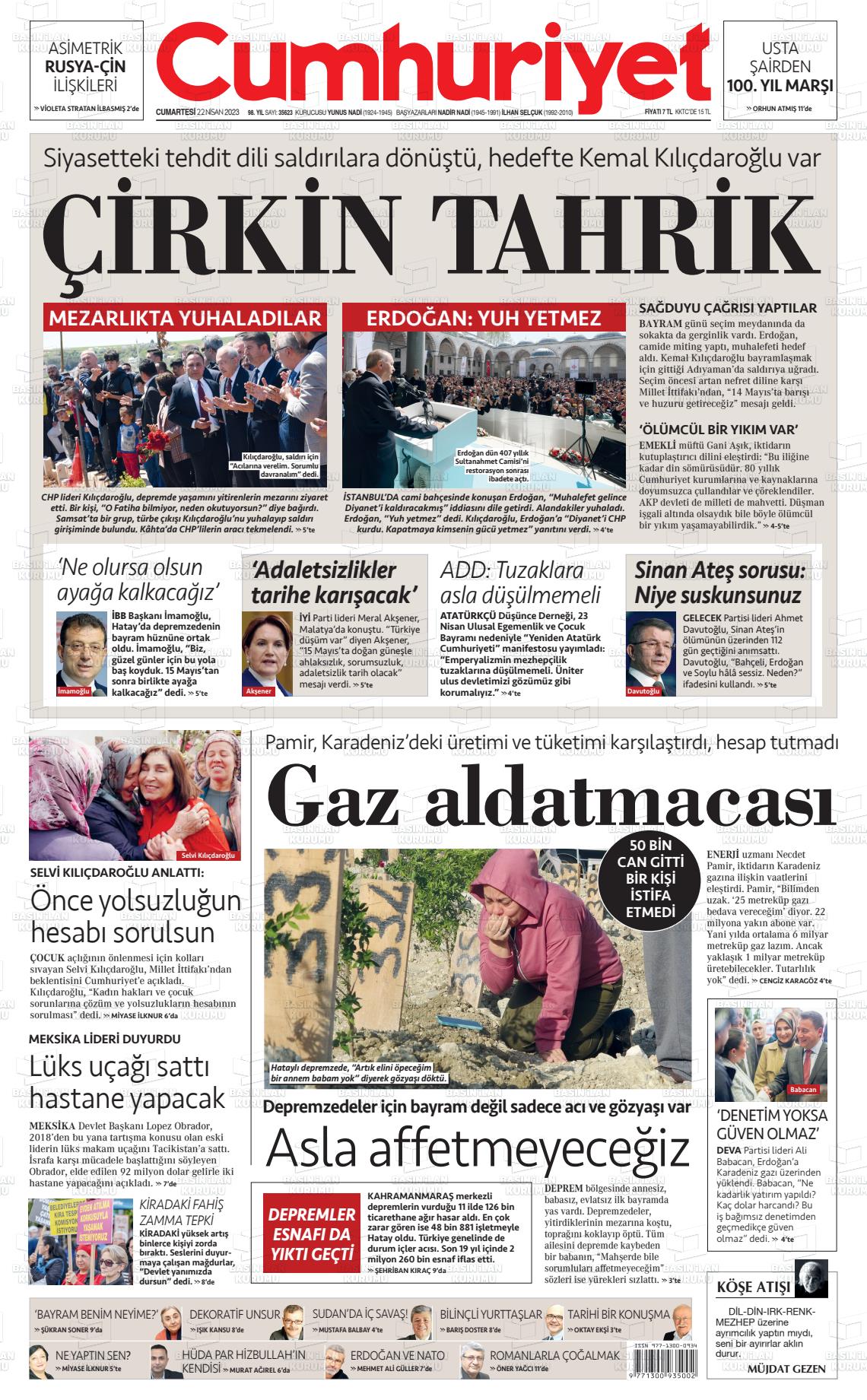 22 Nisan 2023 Cumhuriyet Gazete Manşeti