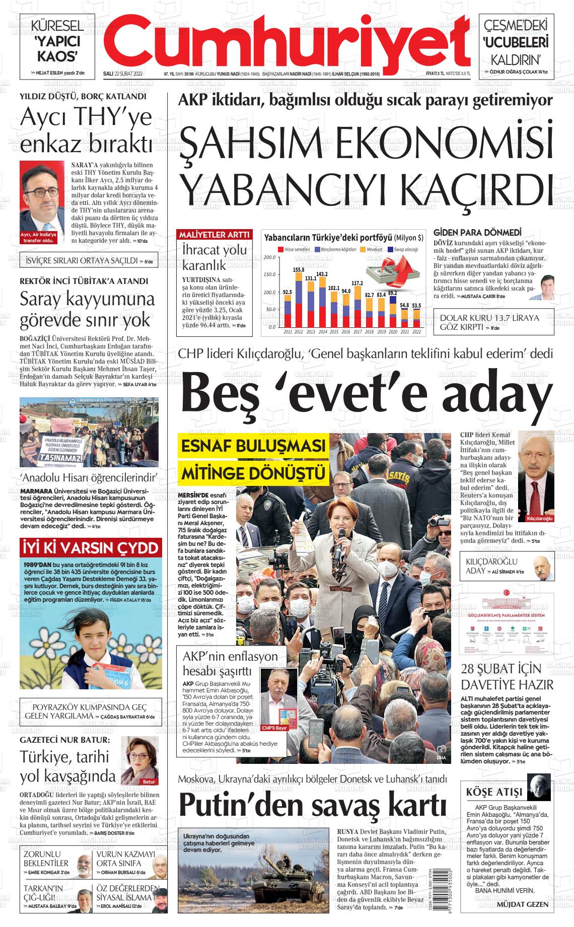 22 Şubat 2022 Cumhuriyet Gazete Manşeti