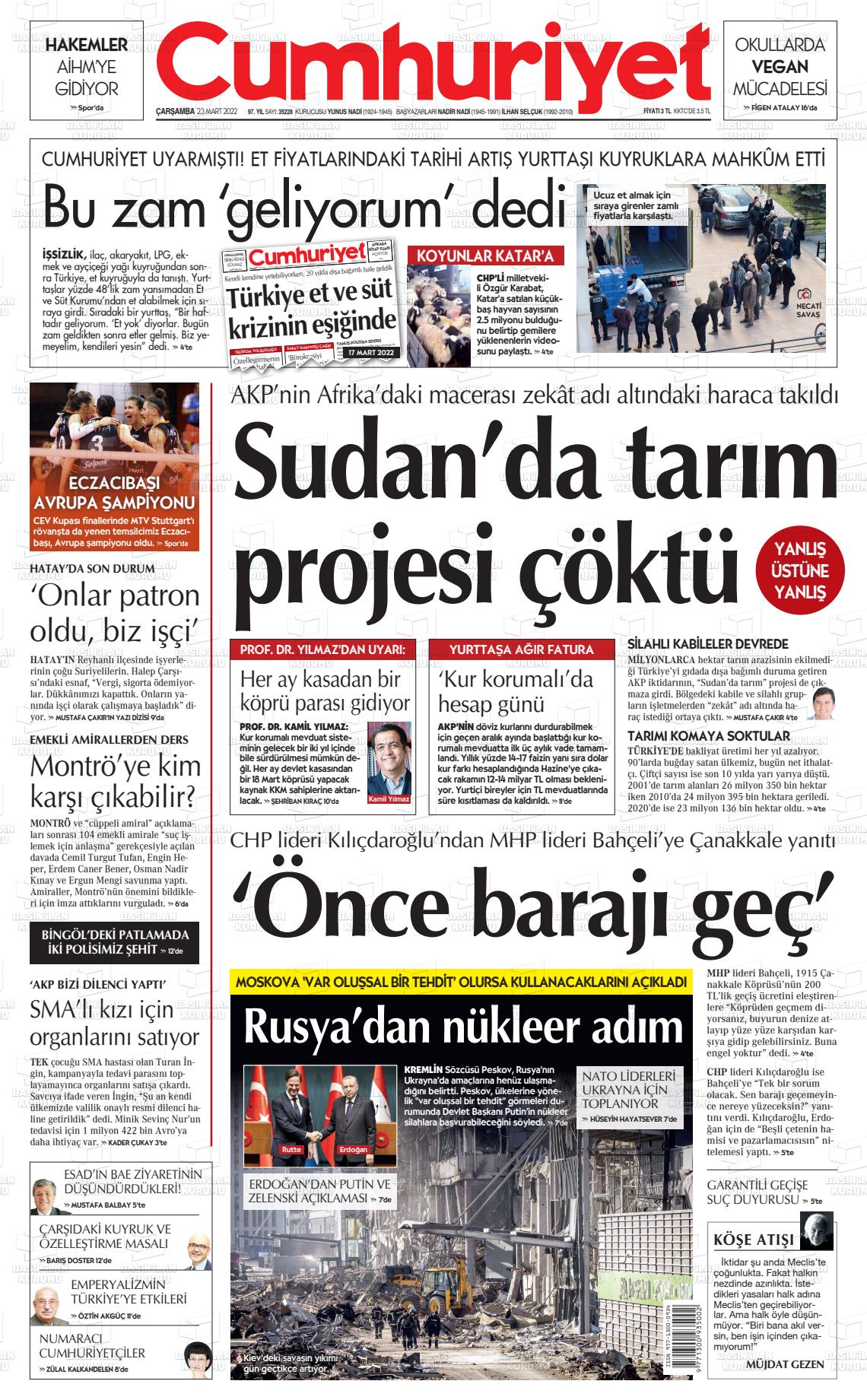 23 Mart 2022 Cumhuriyet Gazete Manşeti