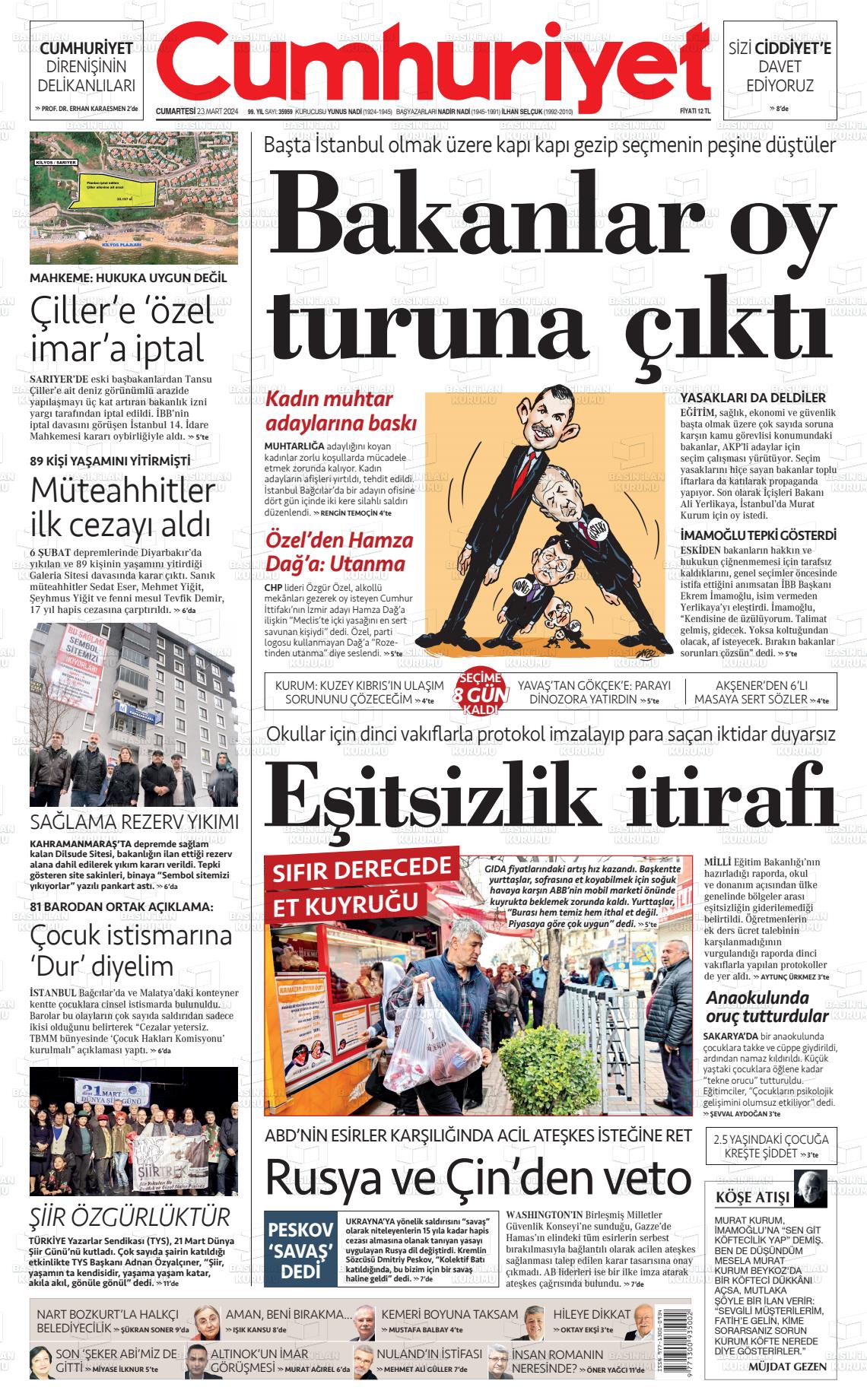 23 Mart 2024 Cumhuriyet Gazete Manşeti