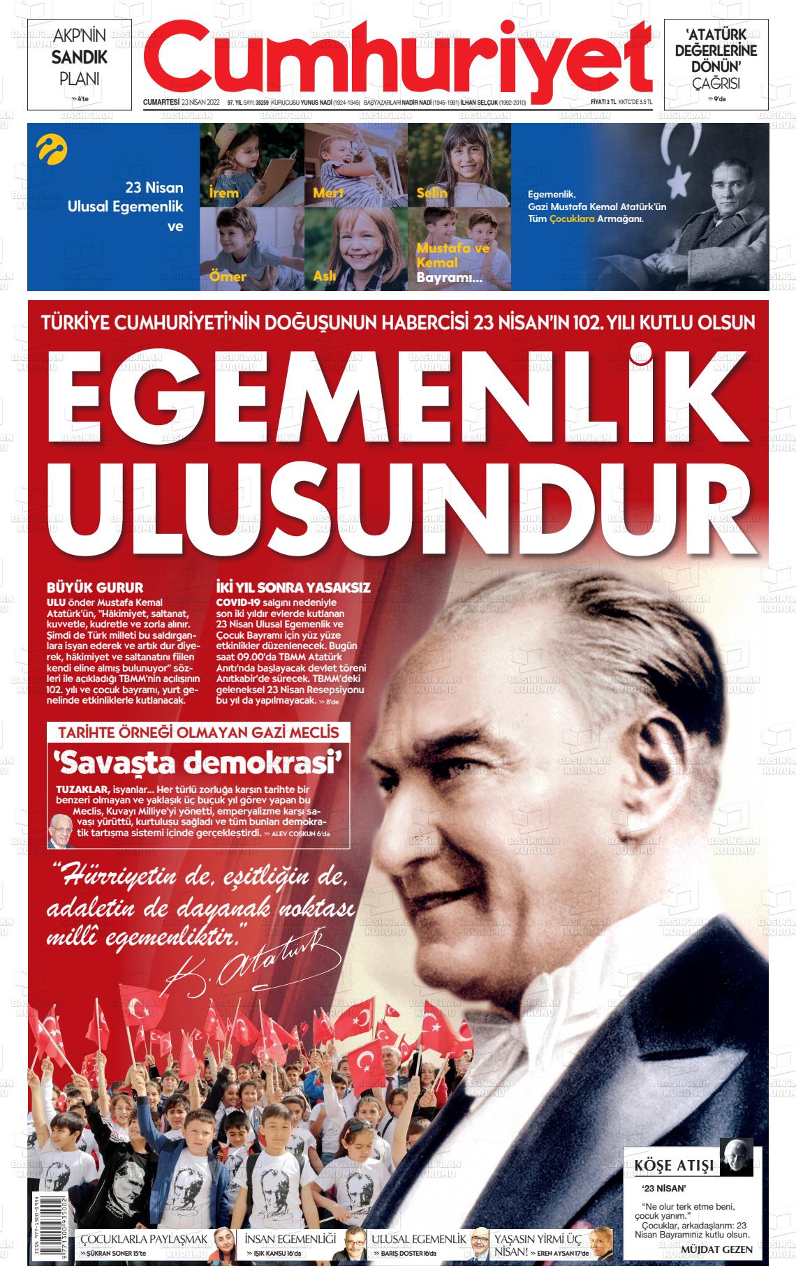 23 Nisan 2022 Cumhuriyet Gazete Manşeti