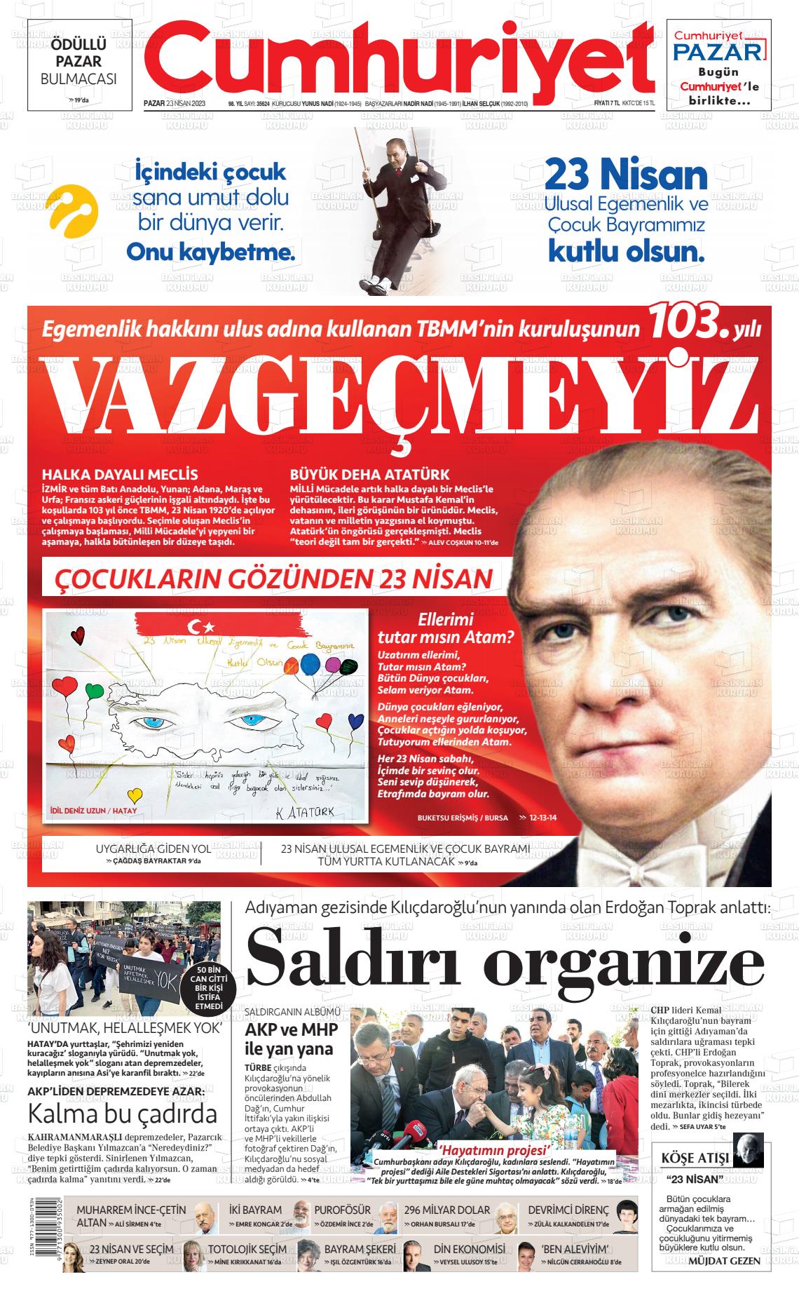 23 Nisan 2023 Cumhuriyet Gazete Manşeti