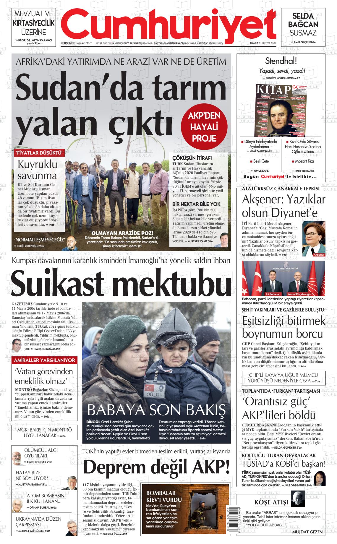 24 Mart 2022 Cumhuriyet Gazete Manşeti