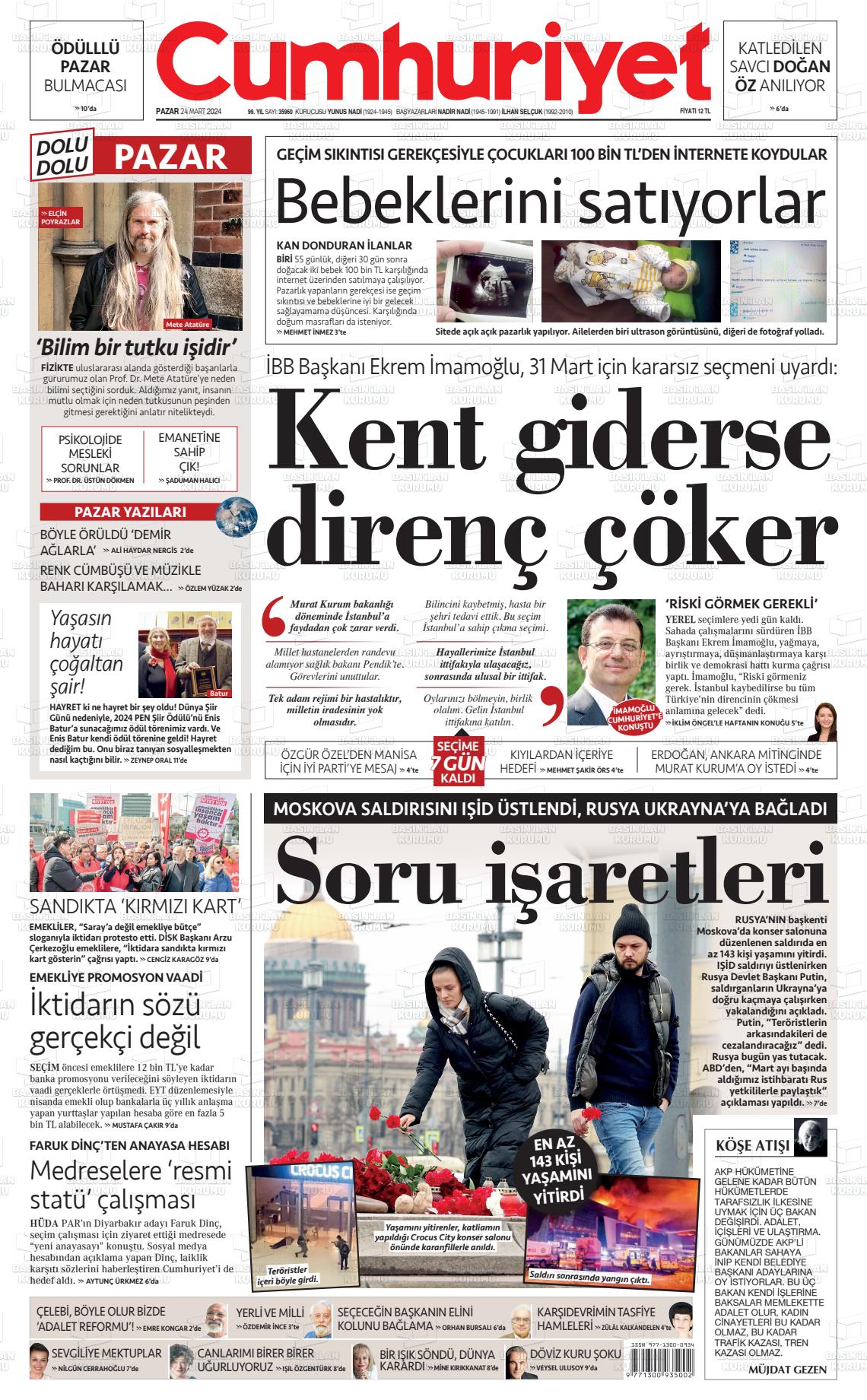 24 Mart 2024 Cumhuriyet Gazete Manşeti