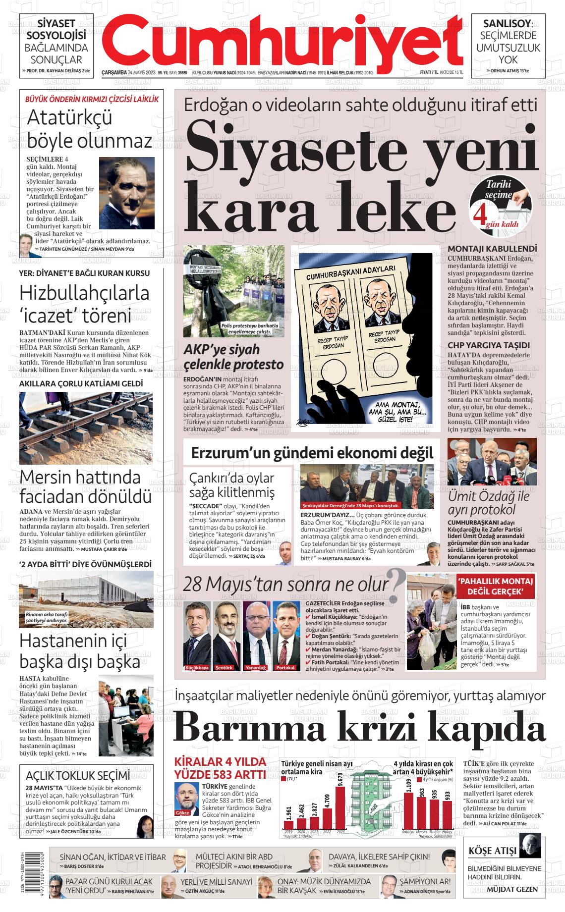 24 Mayıs 2023 Cumhuriyet Gazete Manşeti