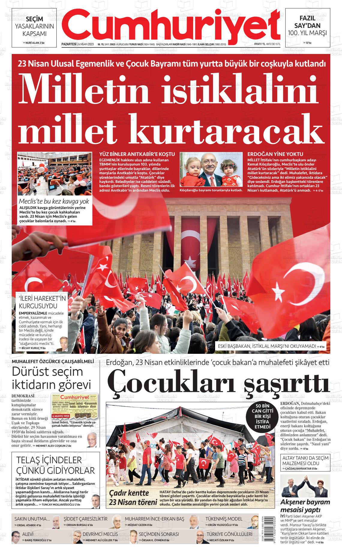 24 Nisan 2023 Cumhuriyet Gazete Manşeti