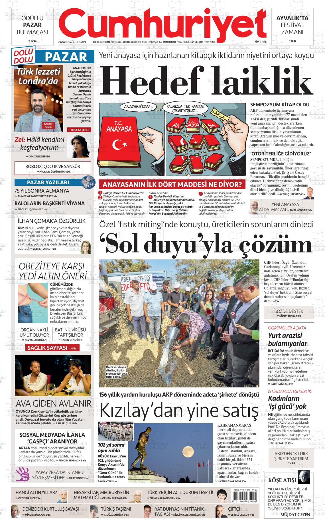 25 Ağustos 2024 Cumhuriyet Gazete Manşeti