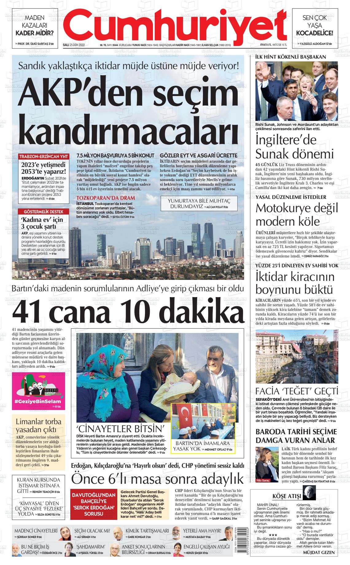 25 Ekim 2022 Cumhuriyet Gazete Manşeti