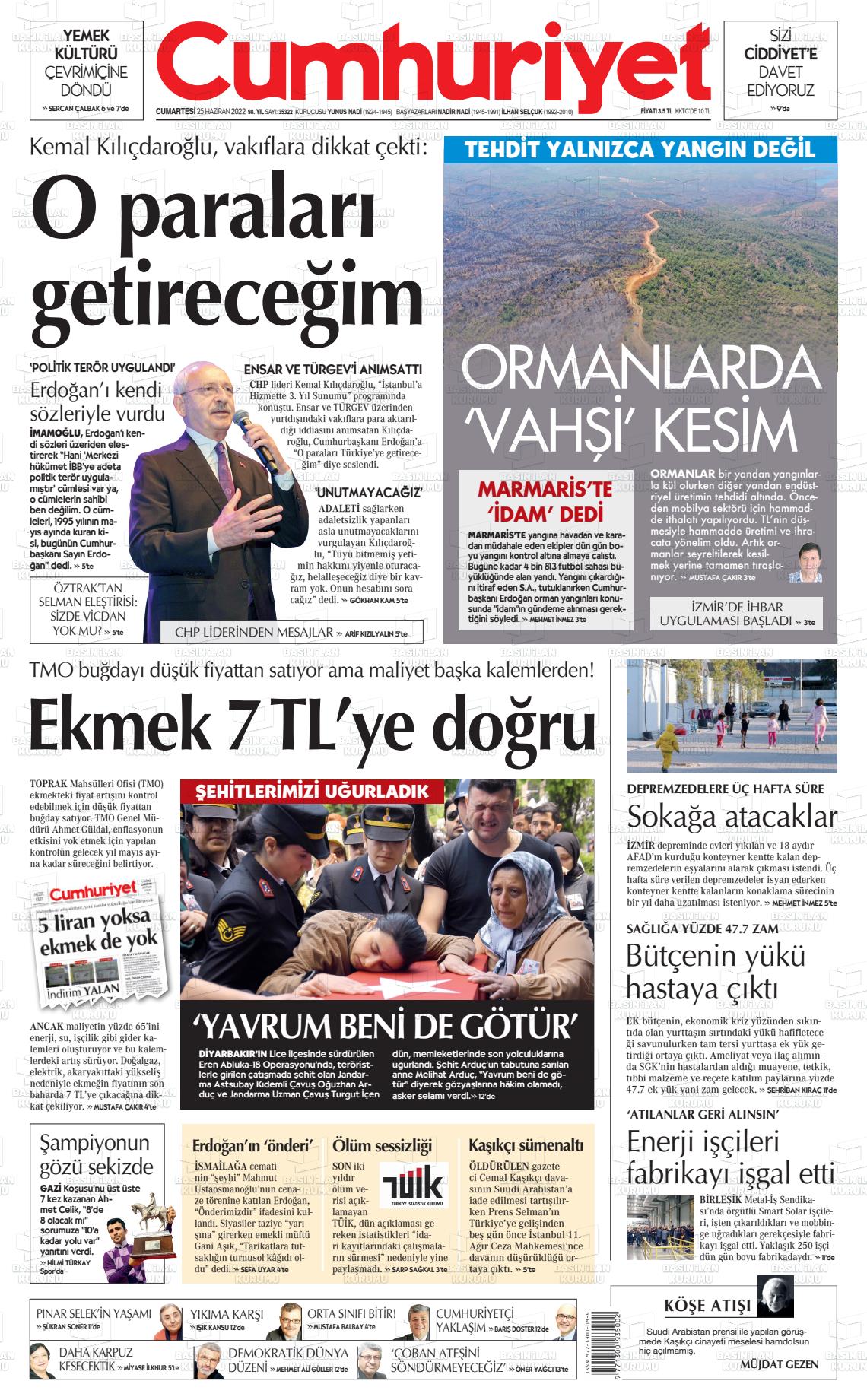 25 Haziran 2022 Cumhuriyet Gazete Manşeti