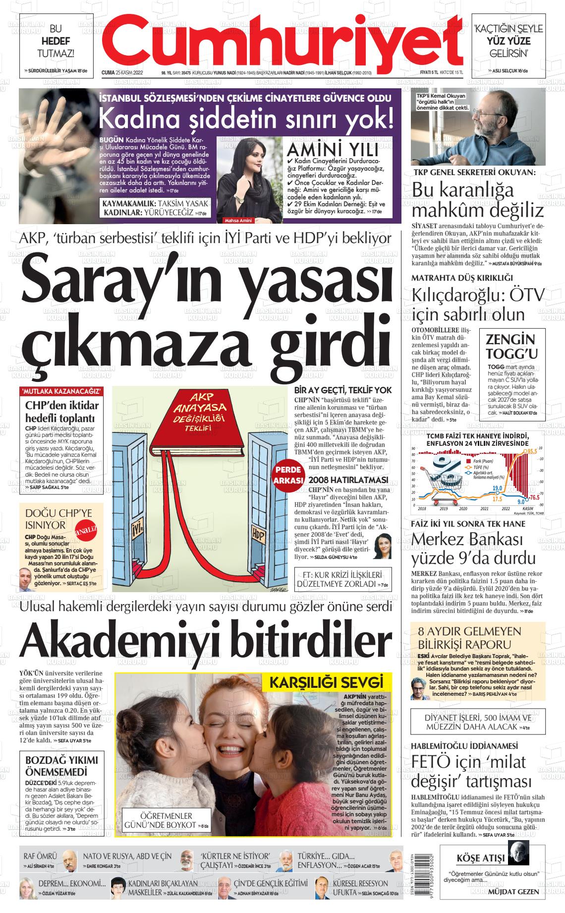 25 Kasım 2022 Cumhuriyet Gazete Manşeti