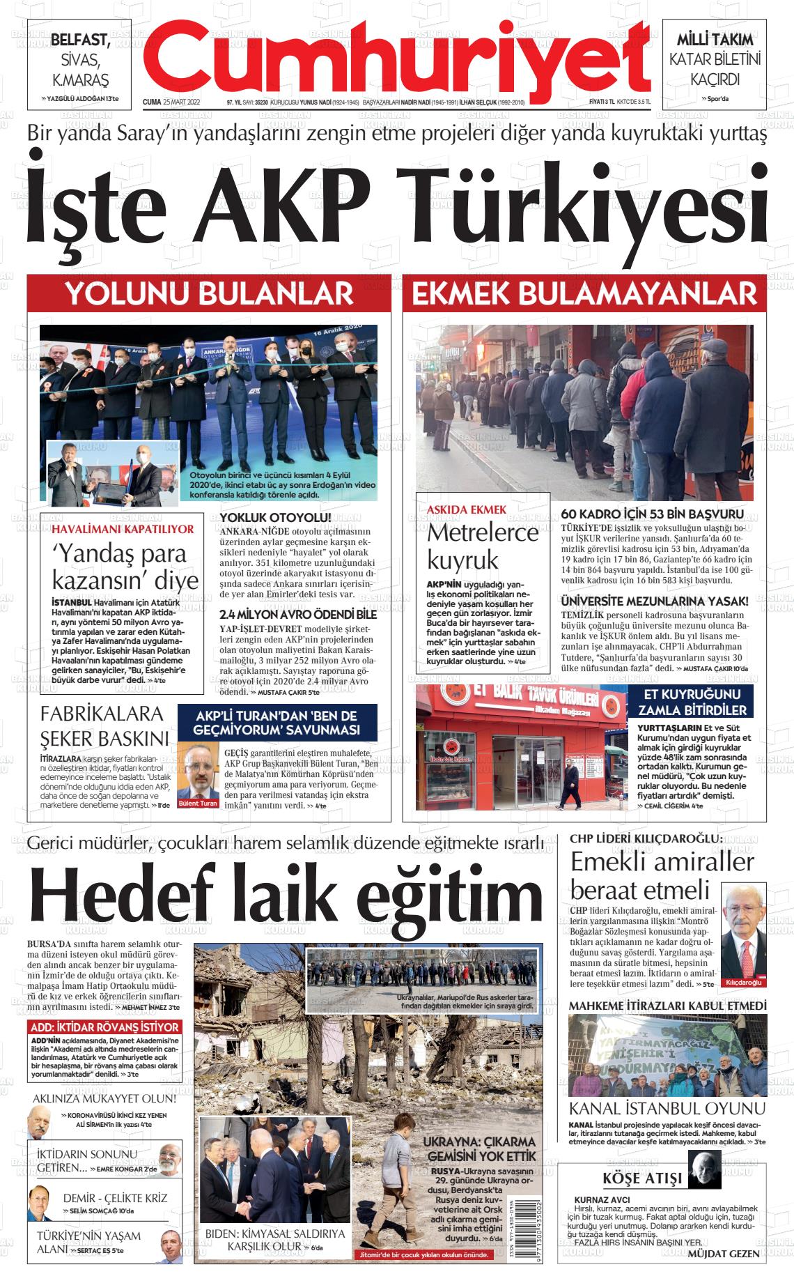 25 Mart 2022 Cumhuriyet Gazete Manşeti