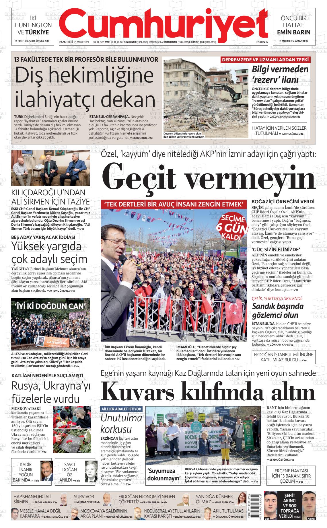 25 Mart 2024 Cumhuriyet Gazete Manşeti