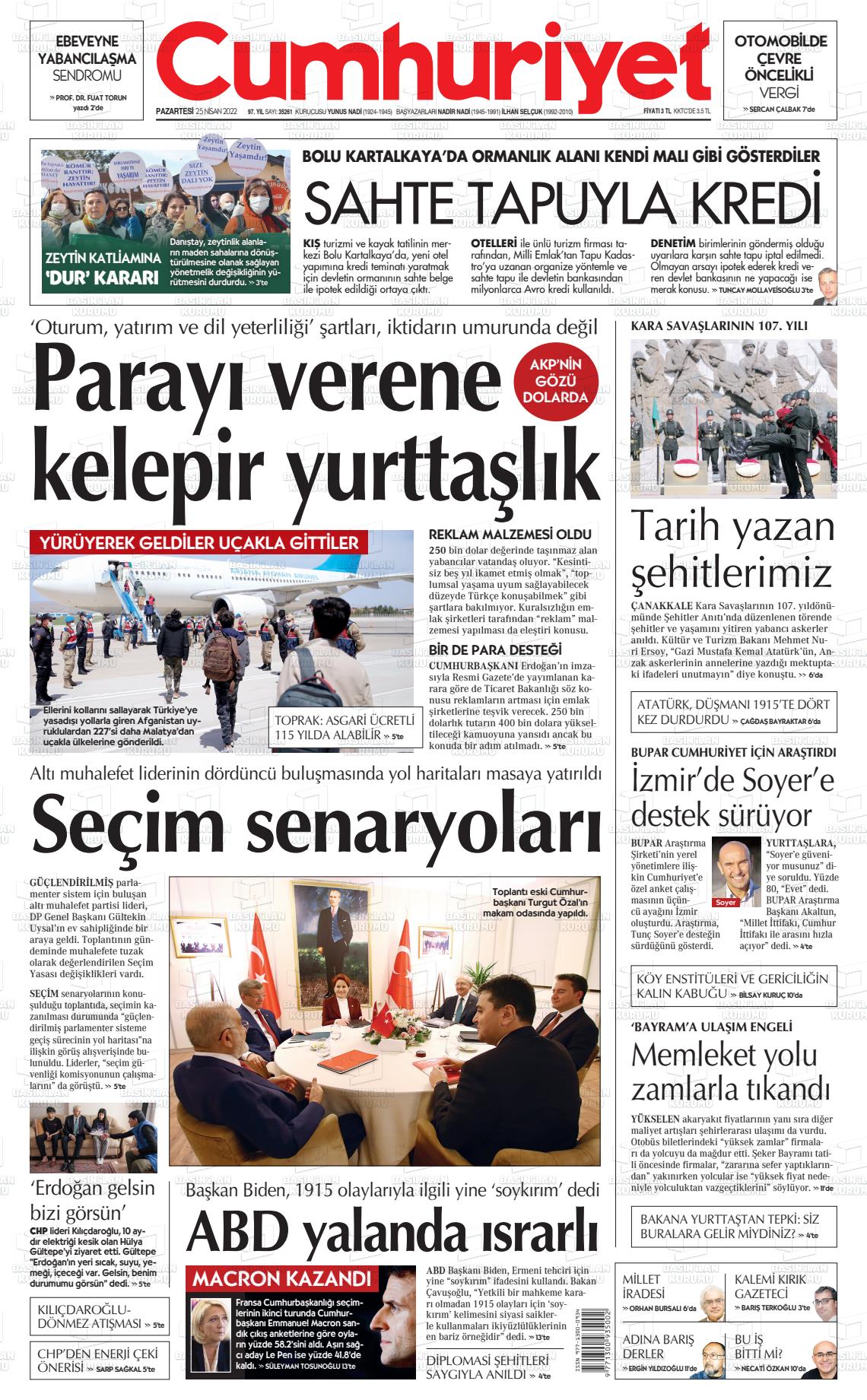 25 Nisan 2022 Cumhuriyet Gazete Manşeti