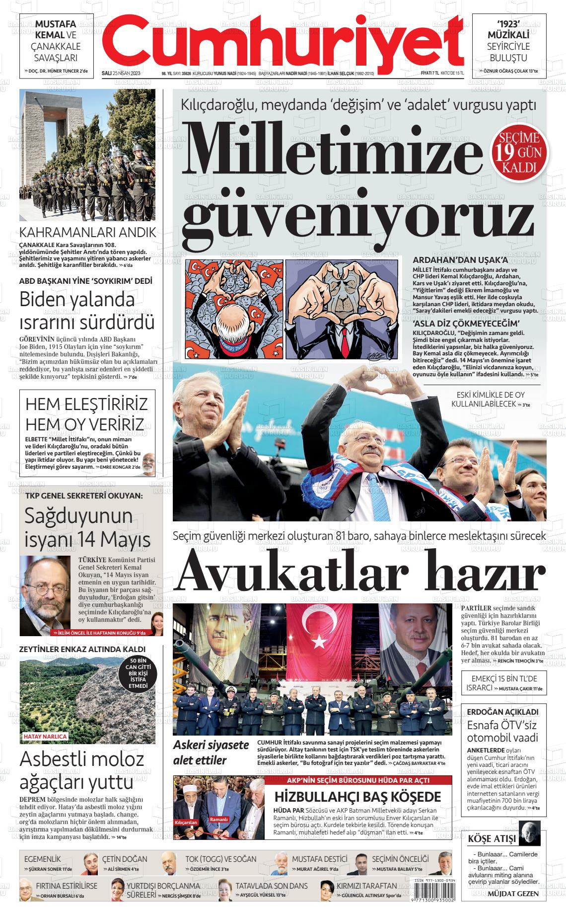 25 Nisan 2023 Cumhuriyet Gazete Manşeti