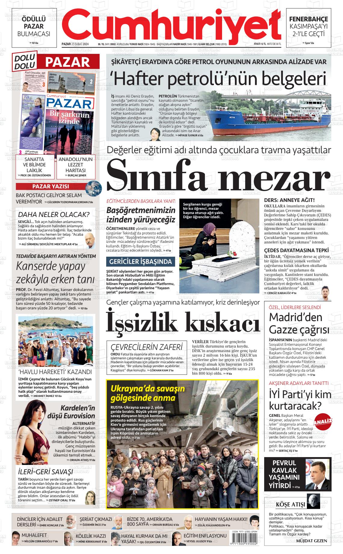 25 Şubat 2024 Cumhuriyet Gazete Manşeti