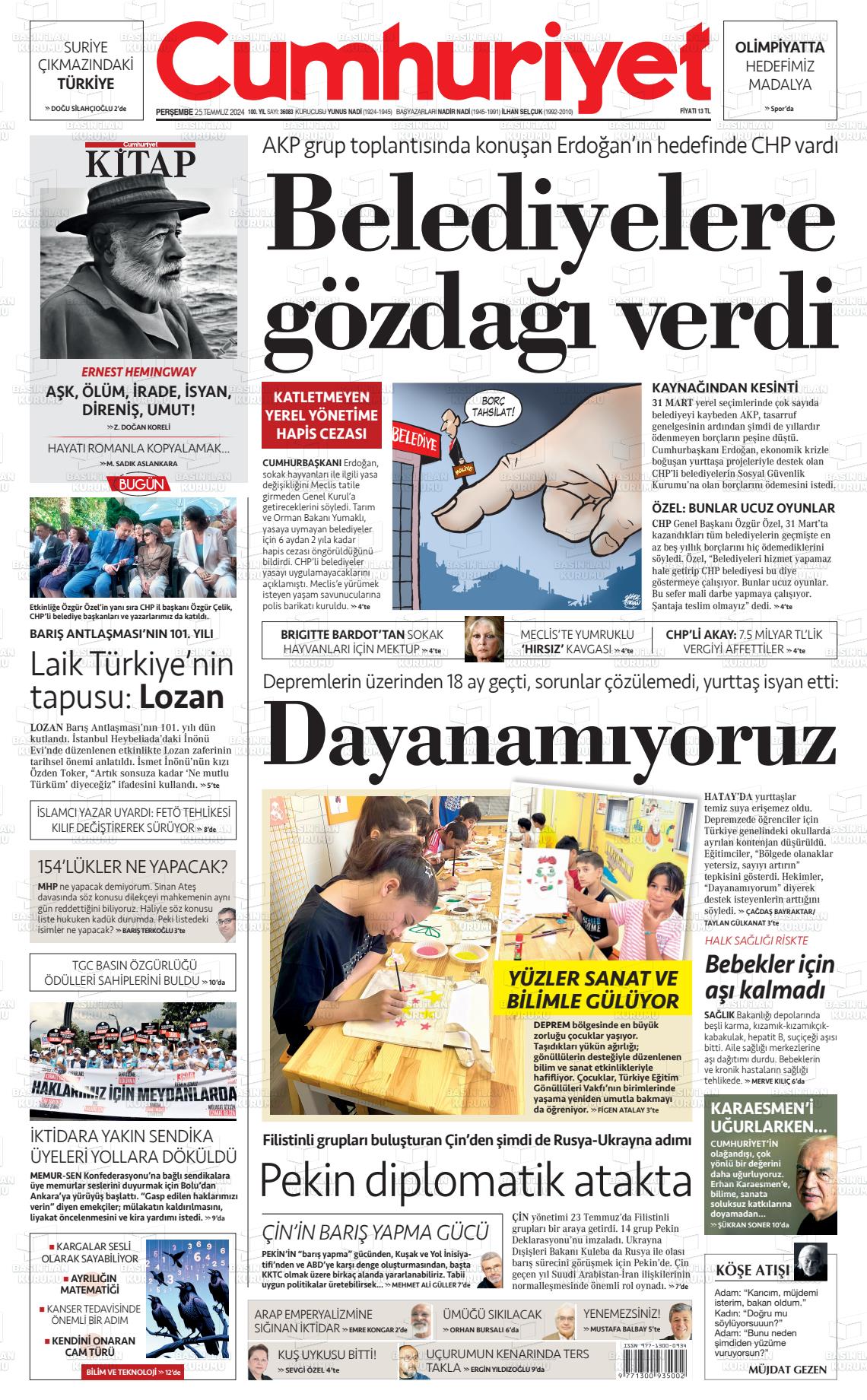 25 Temmuz 2024 Cumhuriyet Gazete Manşeti