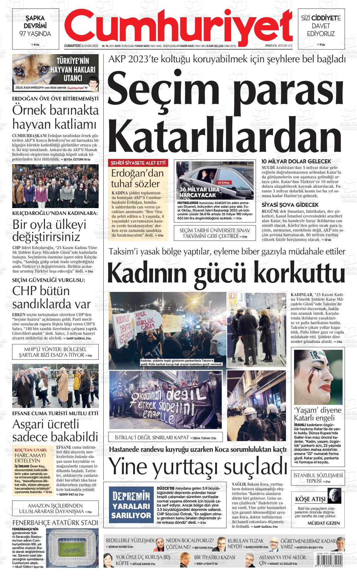 26 Kasım 2022 Cumhuriyet Gazete Manşeti