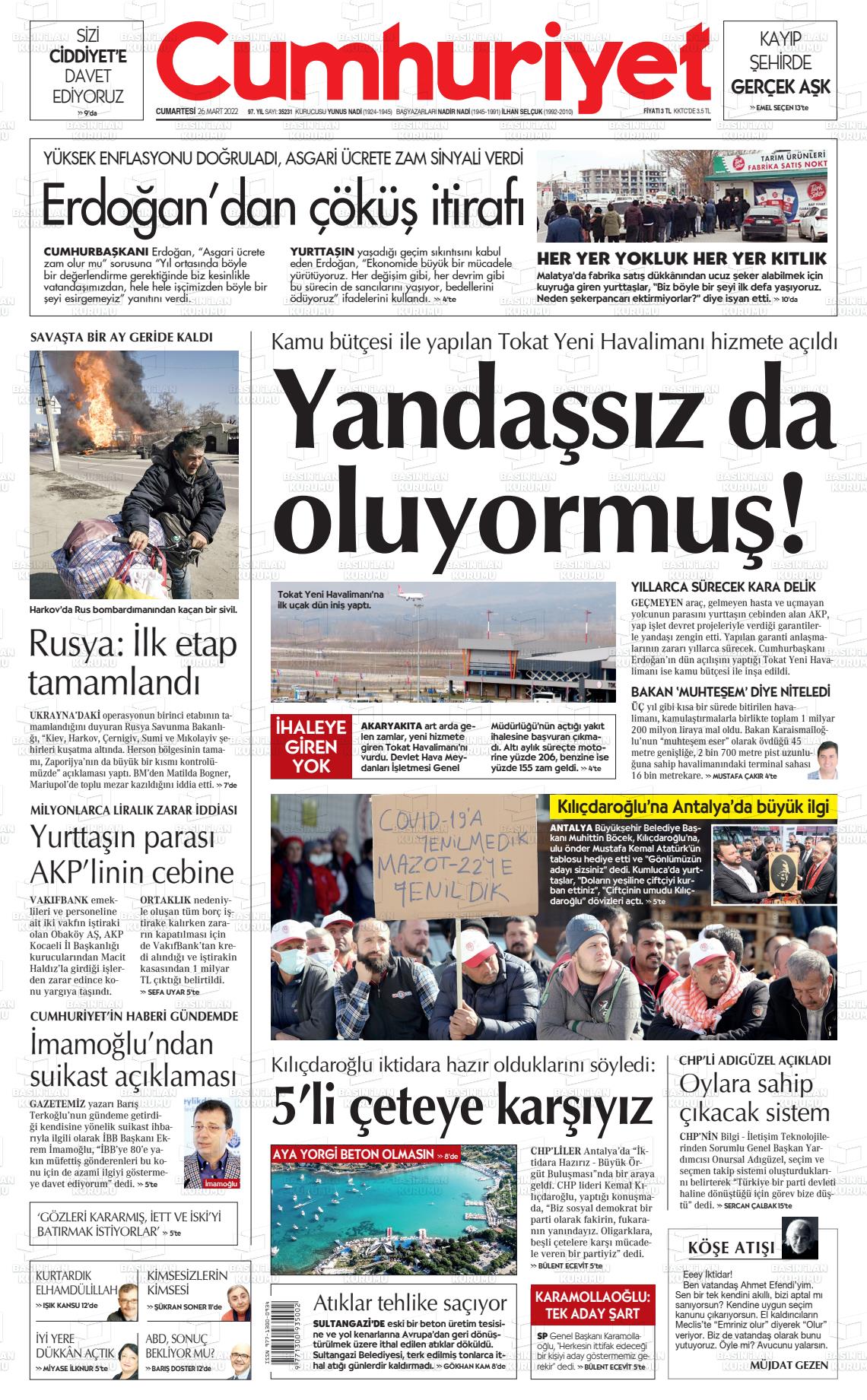 26 Mart 2022 Cumhuriyet Gazete Manşeti