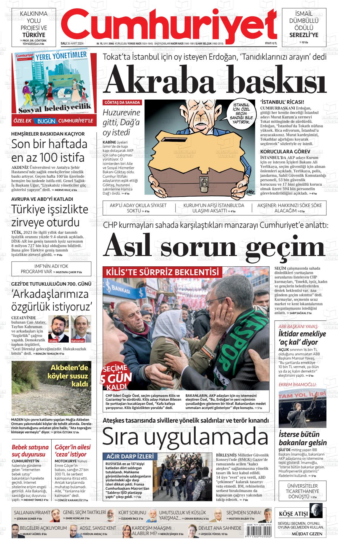 26 Mart 2024 Cumhuriyet Gazete Manşeti