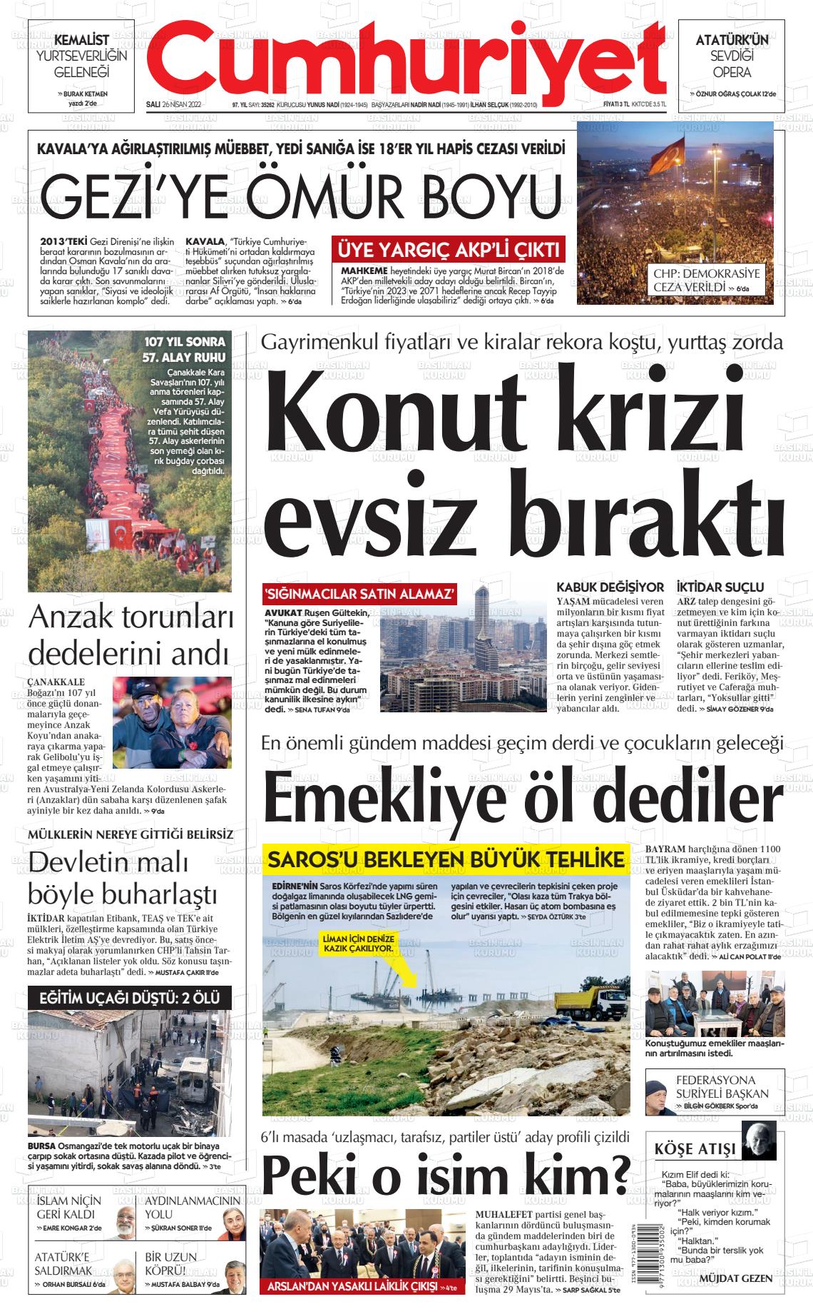 26 Nisan 2022 Cumhuriyet Gazete Manşeti