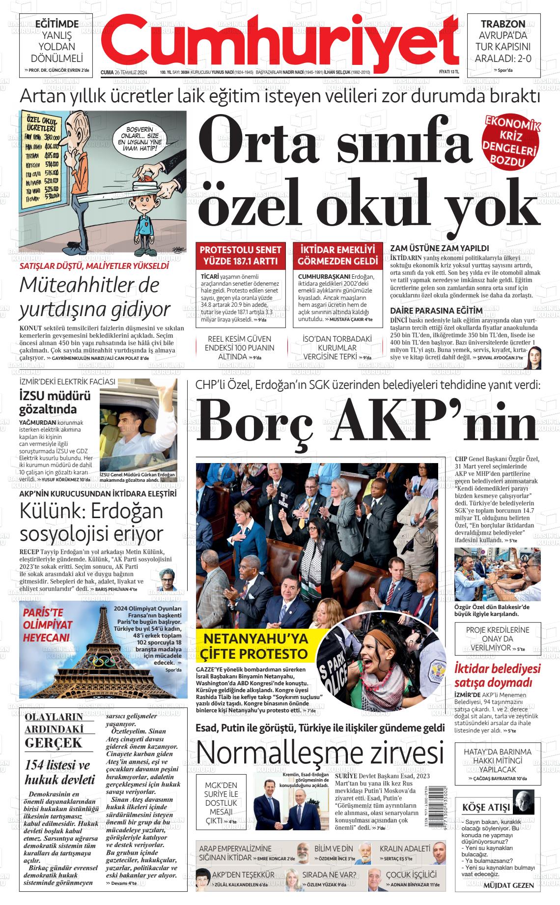 27 Temmuz 2024 Cumhuriyet Gazete Manşeti
