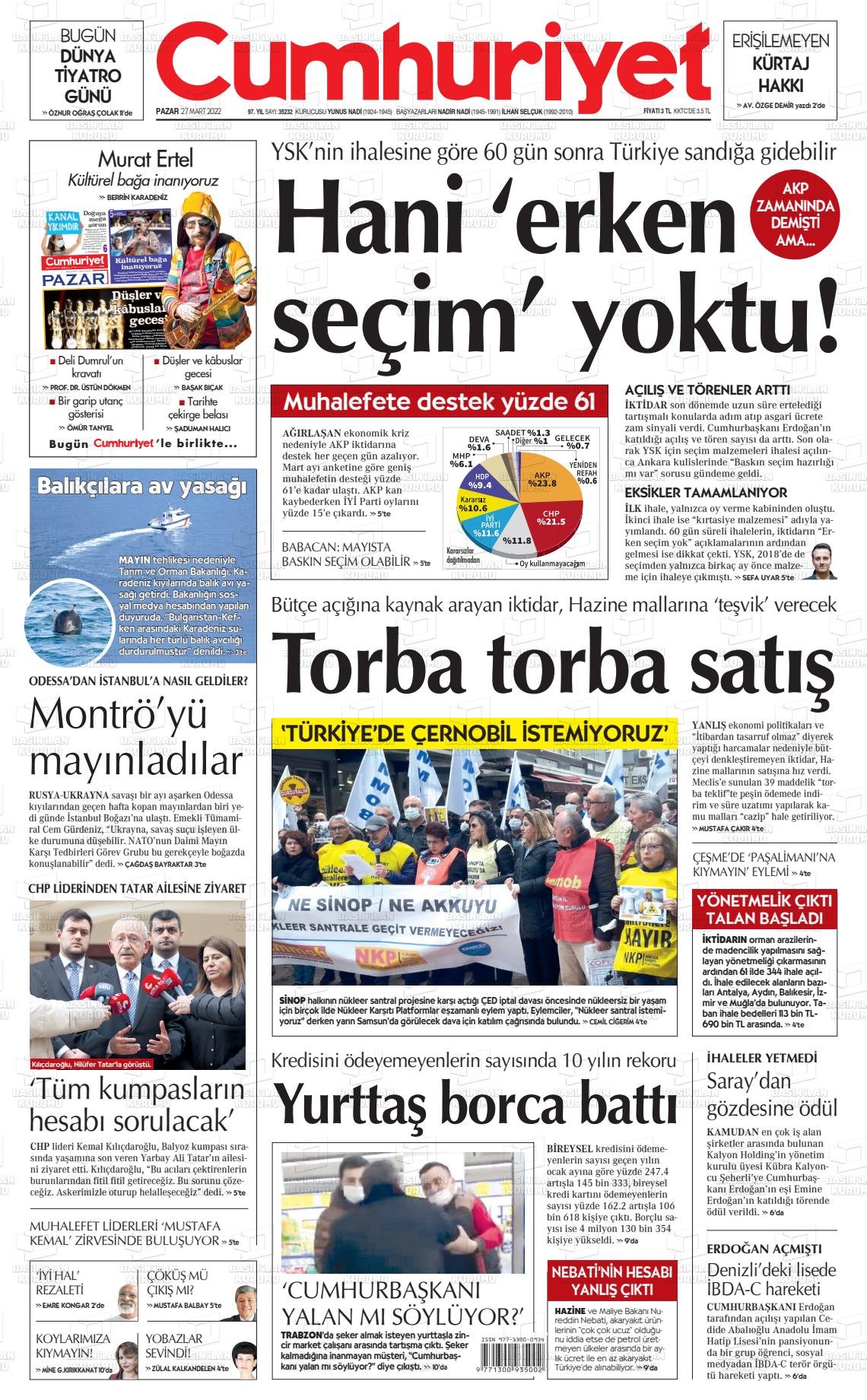 27 Mart 2022 Cumhuriyet Gazete Manşeti