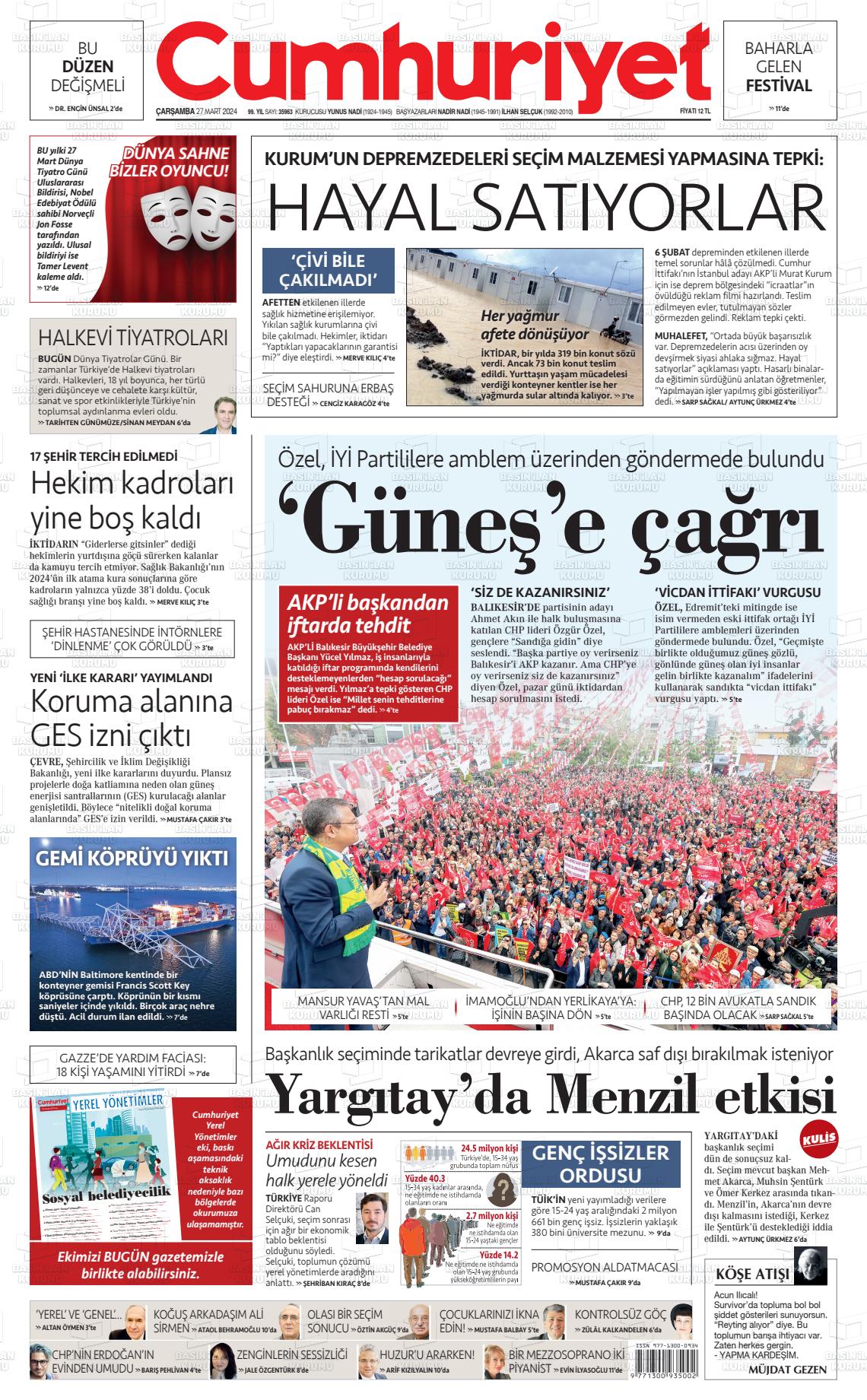 27 Mart 2024 Cumhuriyet Gazete Manşeti