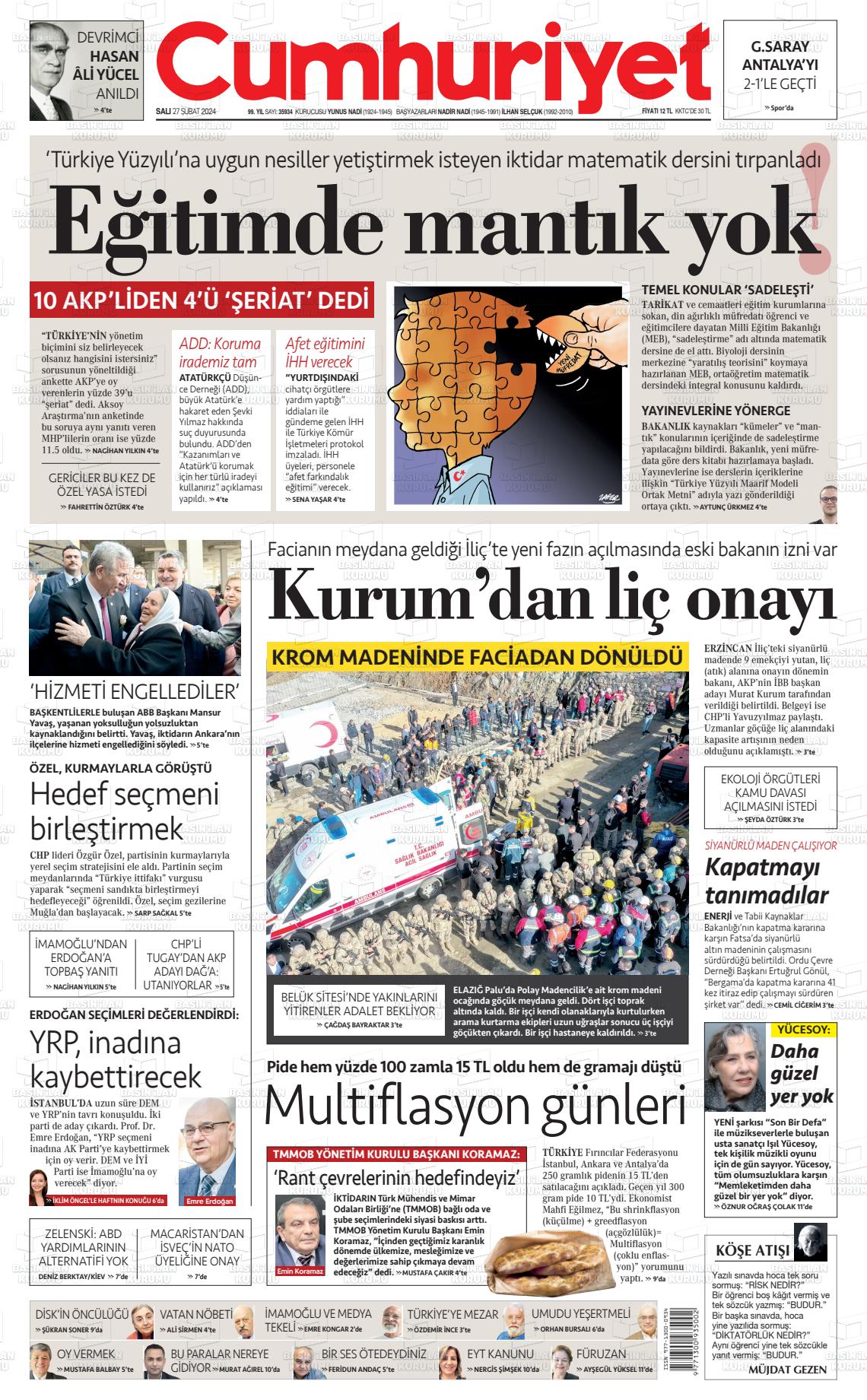 27 Şubat 2024 Cumhuriyet Gazete Manşeti