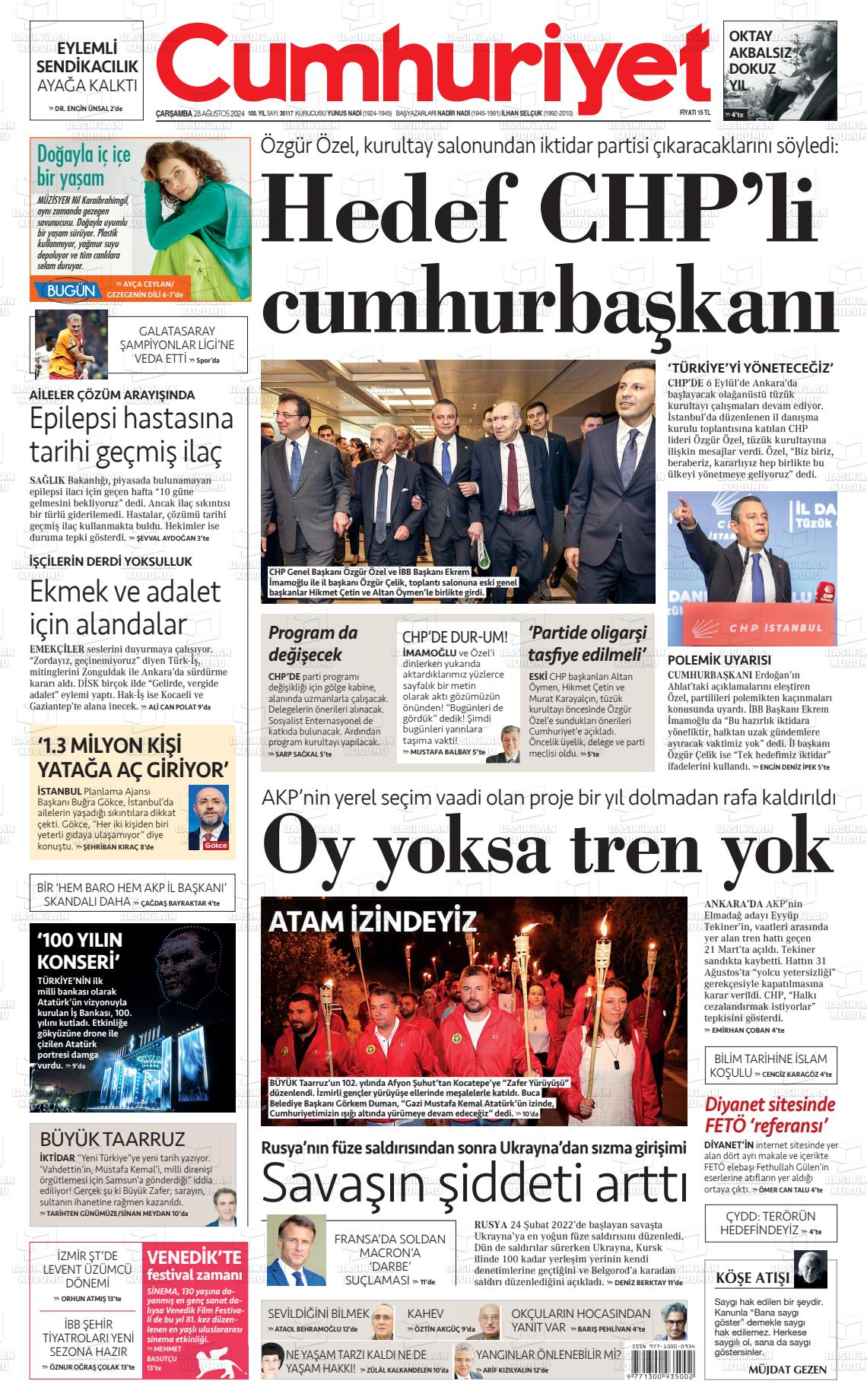 28 Ağustos 2024 Cumhuriyet Gazete Manşeti