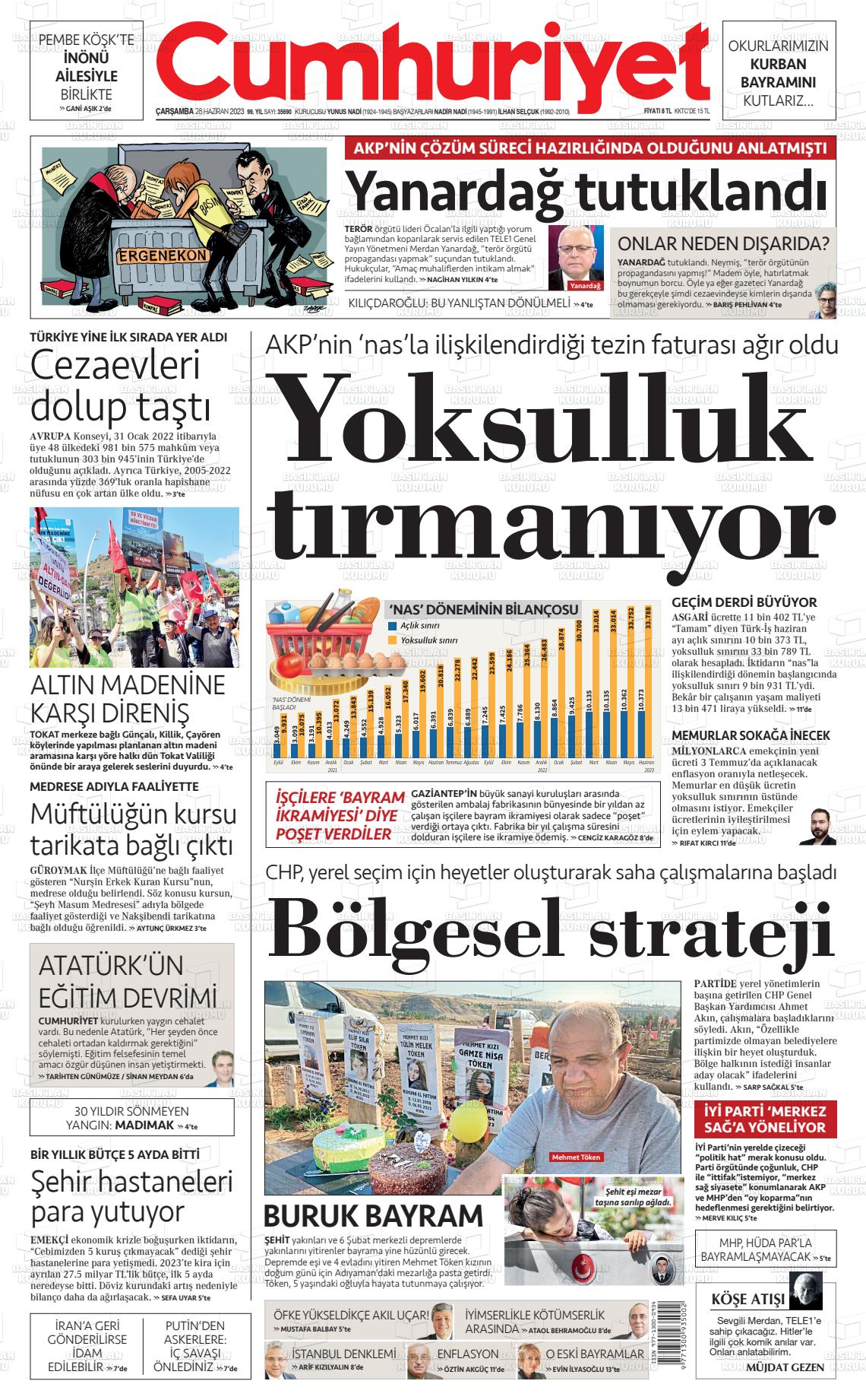 28 Haziran 2023 Cumhuriyet Gazete Manşeti