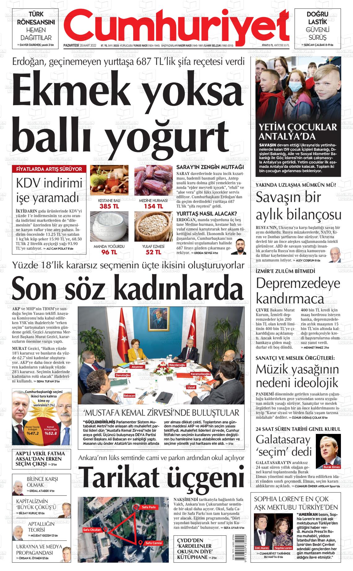 28 Mart 2022 Cumhuriyet Gazete Manşeti