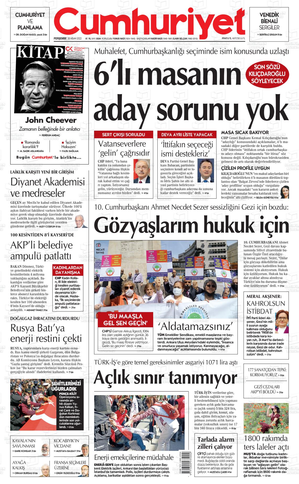 28 Nisan 2022 Cumhuriyet Gazete Manşeti