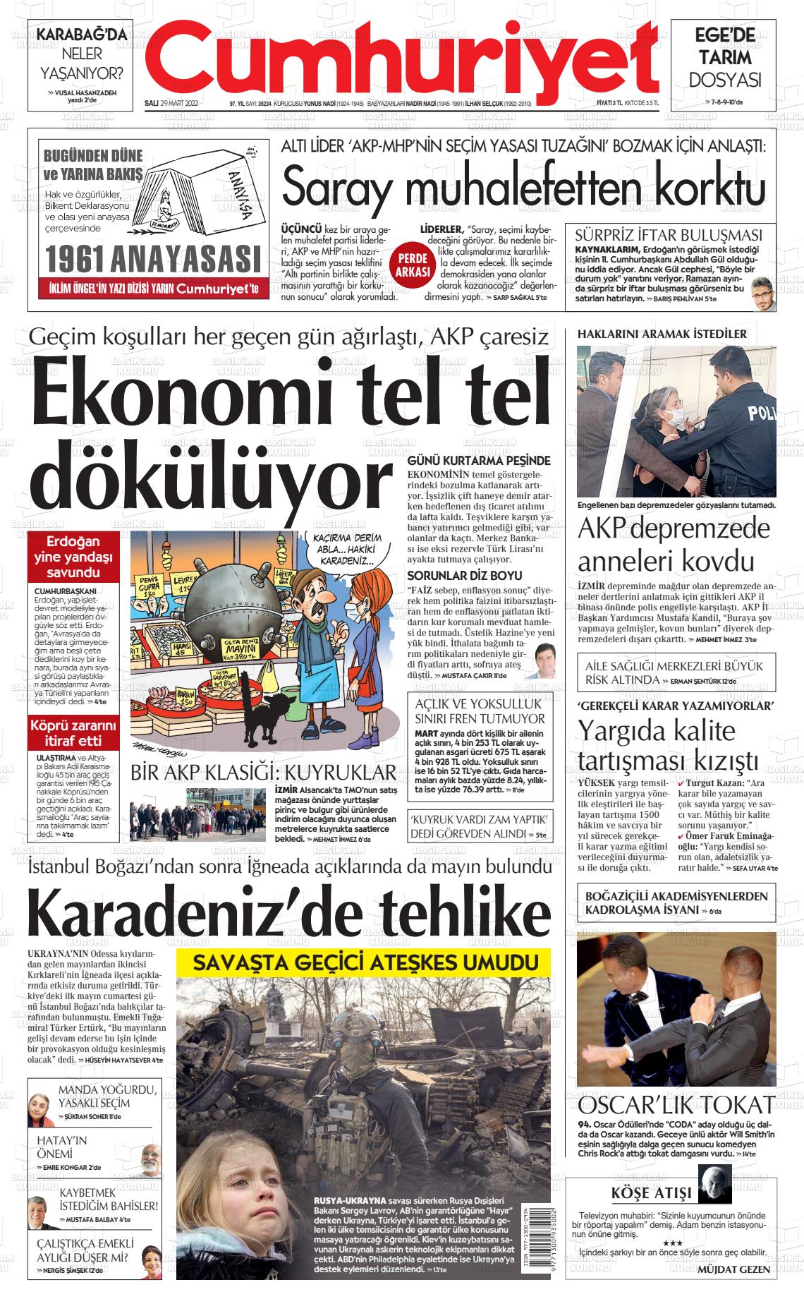 29 Mart 2022 Cumhuriyet Gazete Manşeti