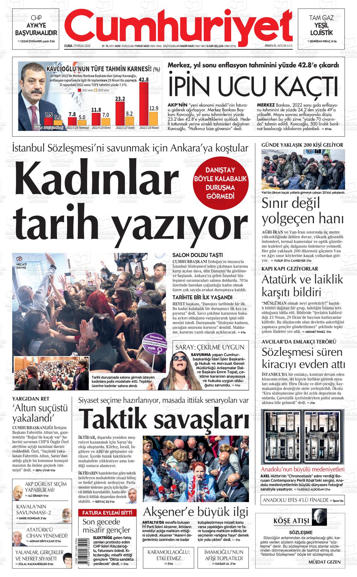 29 Nisan 2022 Cumhuriyet Gazete Manşeti