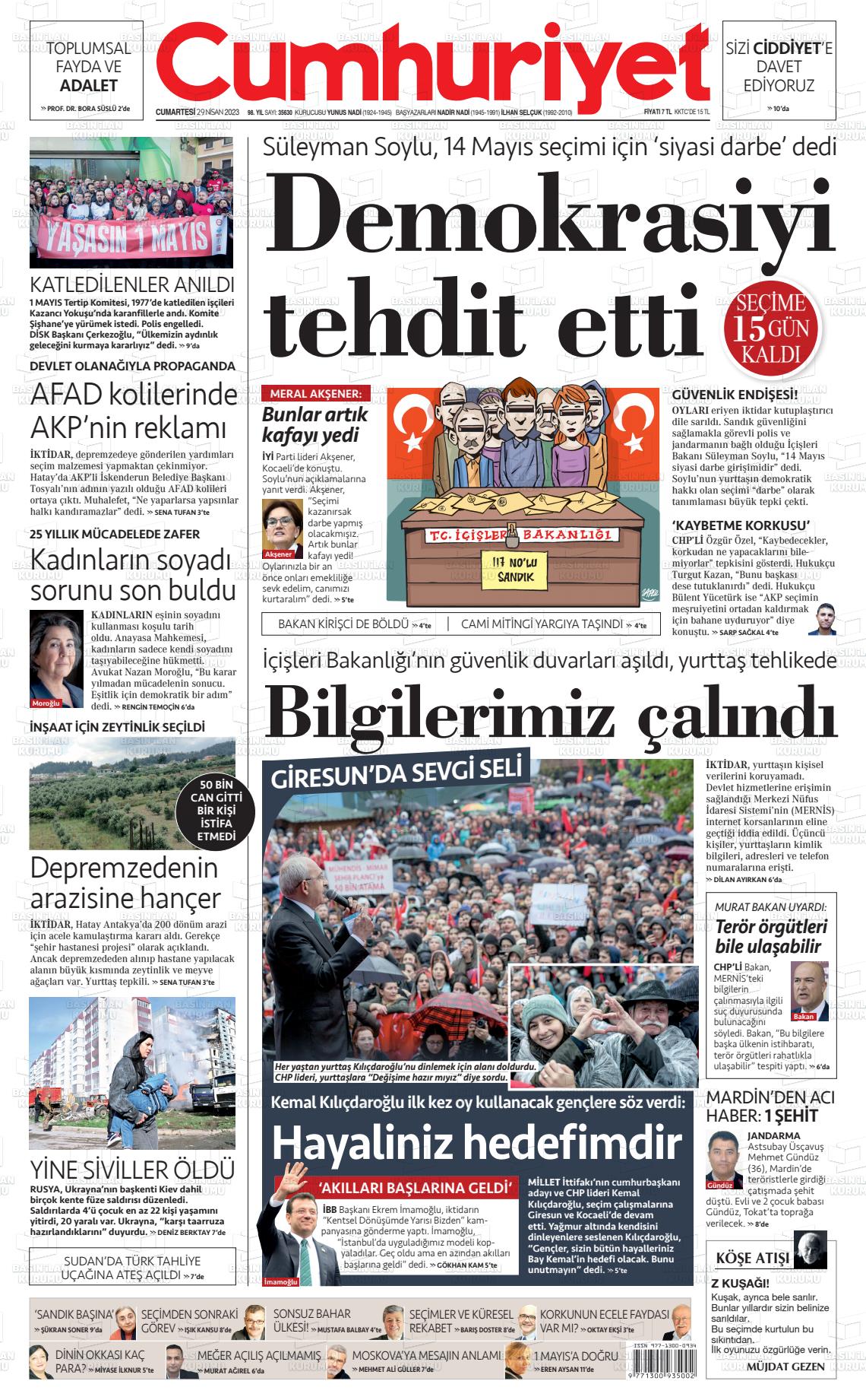 29 Nisan 2023 Cumhuriyet Gazete Manşeti